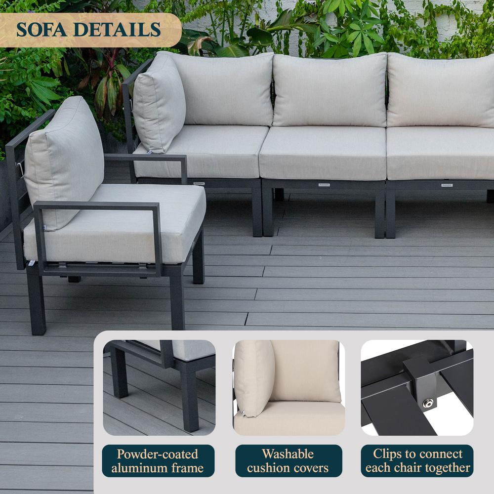 LeisureMod Chelsea 6-Piece Patio Sectional Black Aluminum With Cushions in Beige. Picture 33