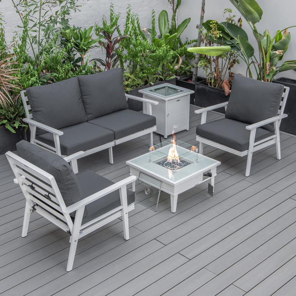 LeisureMod Walbrooke Modern White Patio Conversation With Square Fire Pit With Slats Design & Tank Holder, Charcoal. Picture 1