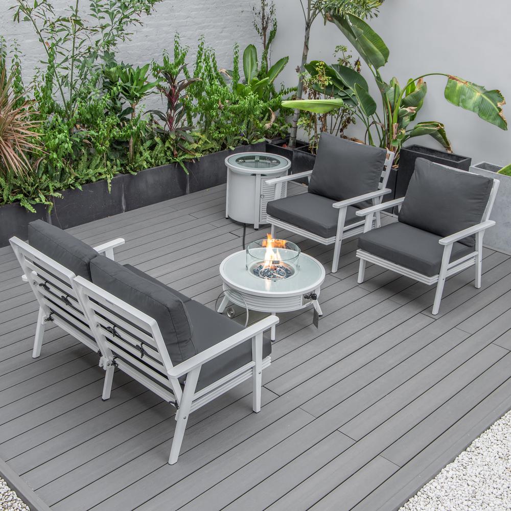 LeisureMod Walbrooke Modern White Patio Conversation With Round Fire Pit With Slats Design & Tank Holder, Charcoal. Picture 8
