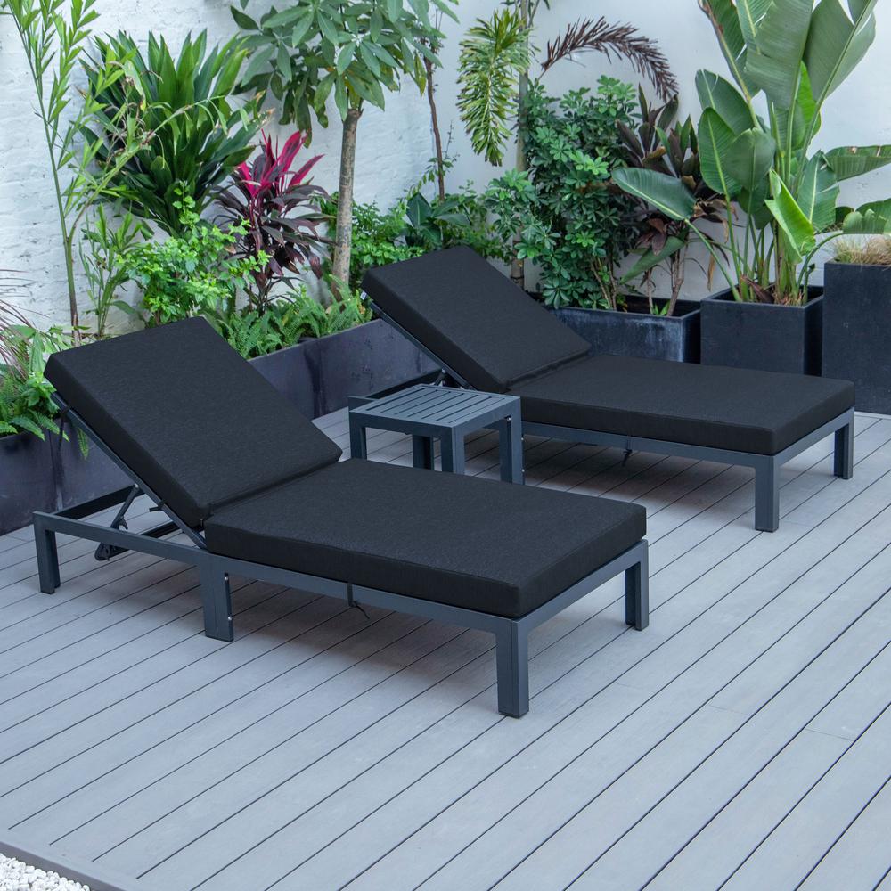 LeisureMod Chelsea Modern Outdoor Chaise Lounge Chair Set of 2 With Side Table & Cushions - Black. Picture 4