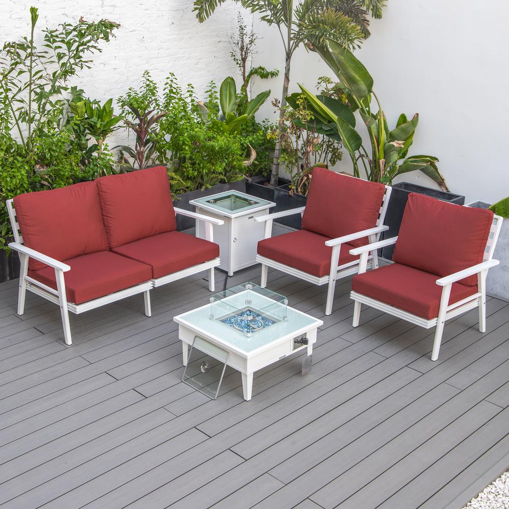 LeisureMod Walbrooke Modern White Patio Conversation With Square Fire Pit & Tank Holder, Red. Picture 6