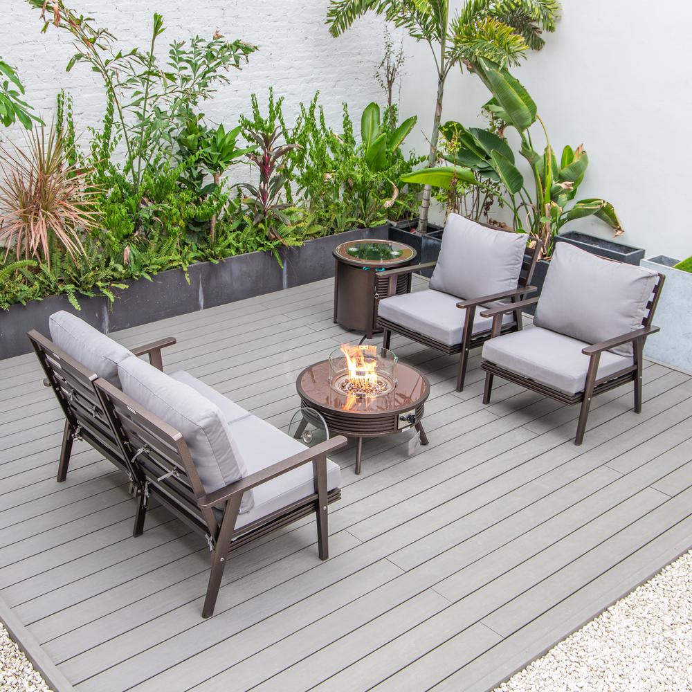 LeisureMod Walbrooke Modern Brown Patio Conversation With Round Fire Pit With Slats Design & Tank Holder, Grey. Picture 6