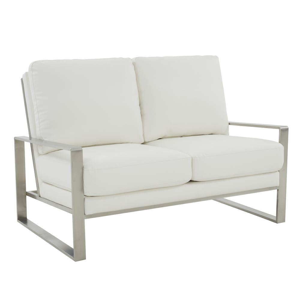Leisuremod Jefferson Contemporary Modern Faux Leather Loveseat With Silver Frame, White. Picture 1