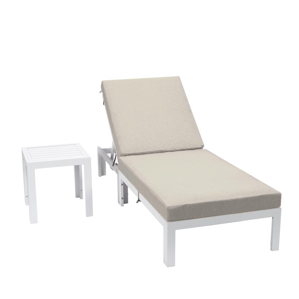 LeisureMod Chelsea Modern Outdoor White Chaise Lounge Chair With Side Table & Cushions Beige. Picture 2