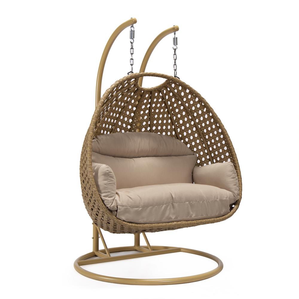 LeisureMod MendozaWicker Hanging 2 person Egg Swing Chair , Beige color. Picture 2