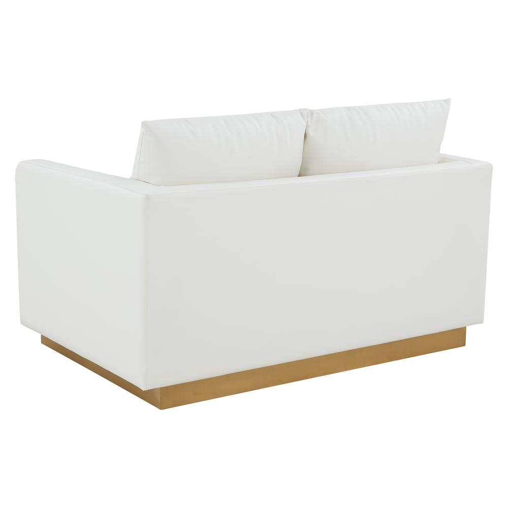 LeisureMod Nervo Modern Mid-Century Upholstered Leather Loveseat with Gold Frame, White. Picture 3