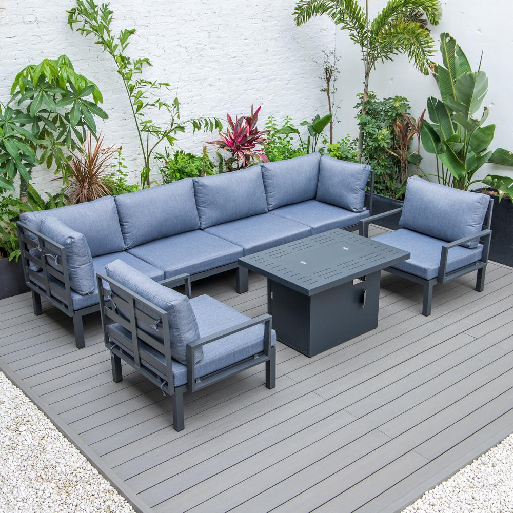 LeisureMod Hamilton 7-Piece Aluminum Patio Conversation Set With Fire Pit Table And Cushions Charcoal Blue. Picture 5