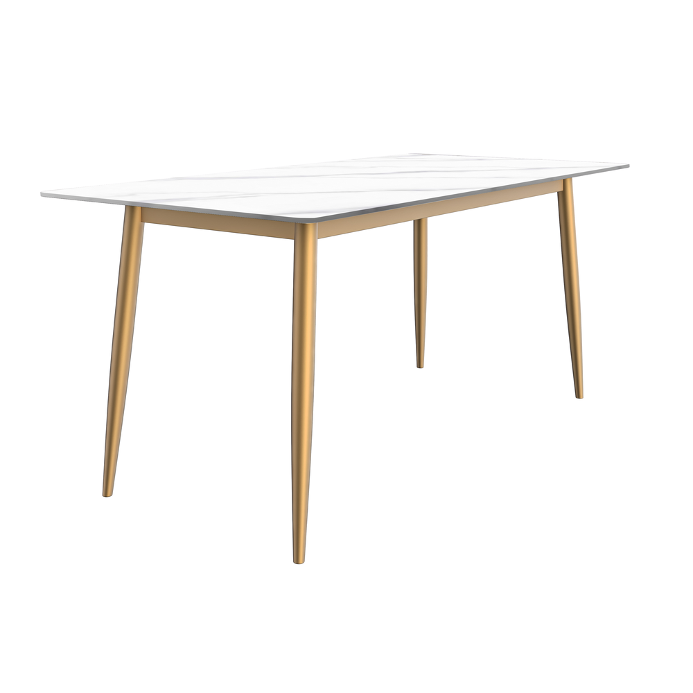 Modern Dining Table Brushed Gold Base, With 71 White Sintered Stone Top. Picture 2