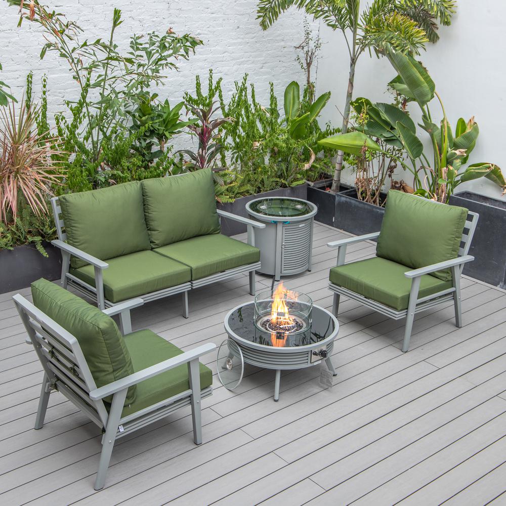 LeisureMod Walbrooke Modern Grey Patio Conversation With Round Fire Pit With Slats Design & Tank Holder, Green. Picture 1