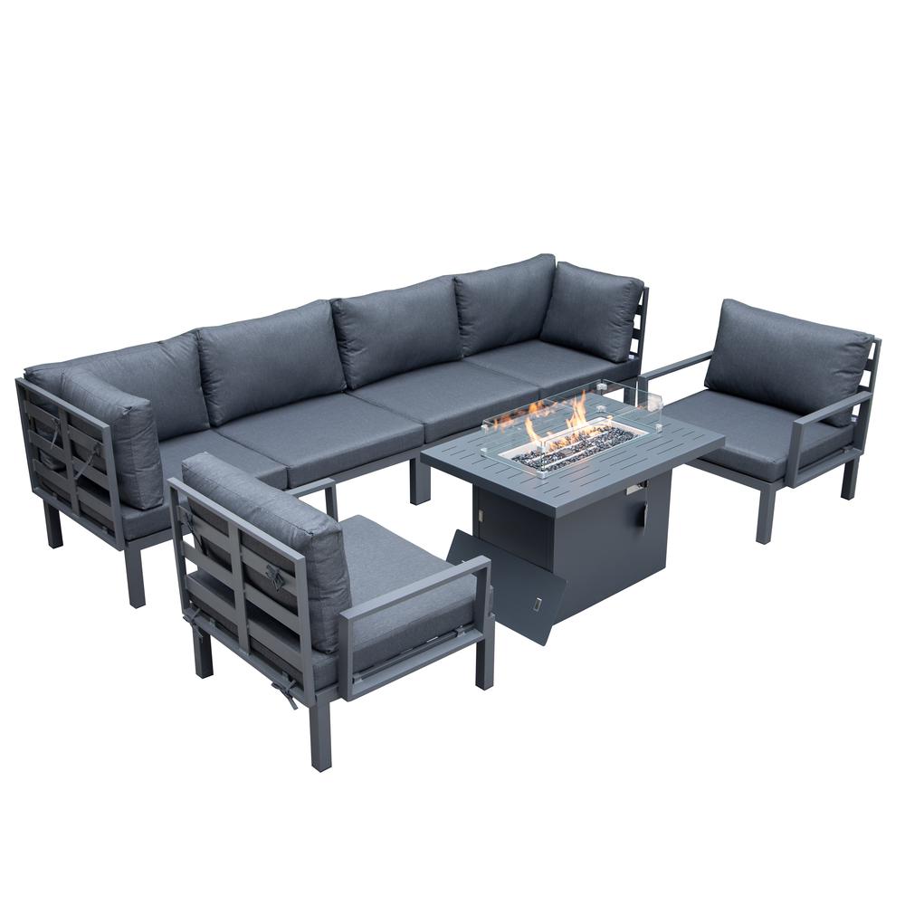 LeisureMod Hamilton 7-Piece Aluminum Patio Conversation Set With Fire Pit Table And Cushions Grey. Picture 1