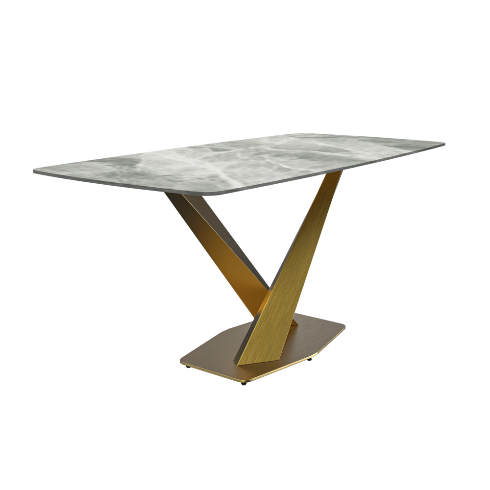 Modern Dining Table Gold Base, With 55" Light Grey Sintered Stone Top. Picture 3