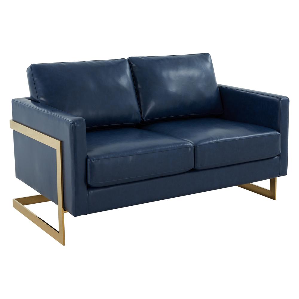 LeisureMod Lincoln Modern Mid-Century Upholstered Leather Loveseat with Gold Frame, Navy Blue. Picture 1
