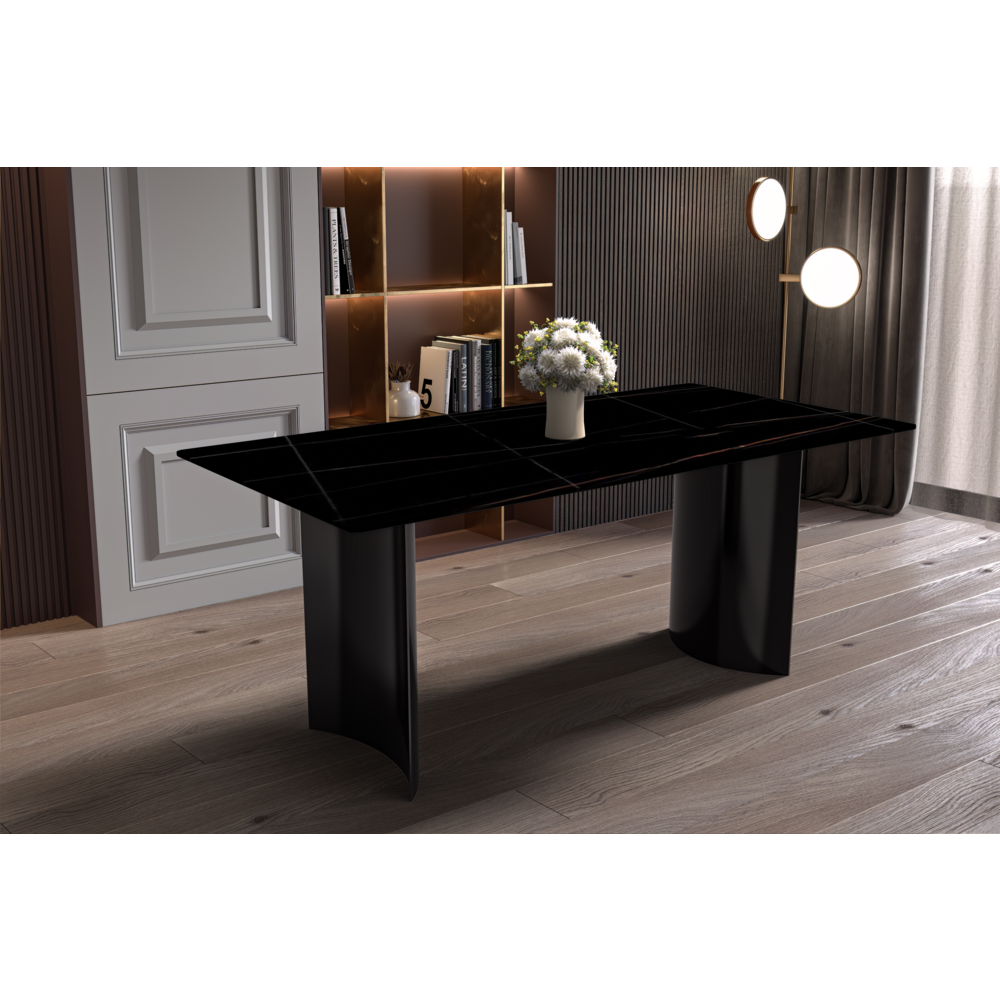 Dining Table Black Stainless Steel Base, With 55 Black/Gold Sintered Stone Top. Picture 6