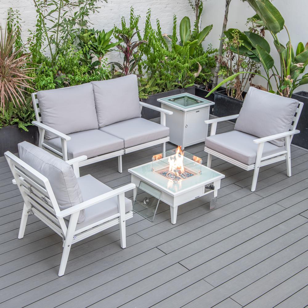 LeisureMod Walbrooke Modern White Patio Conversation With Square Fire Pit & Tank Holder, Light Grey. Picture 1
