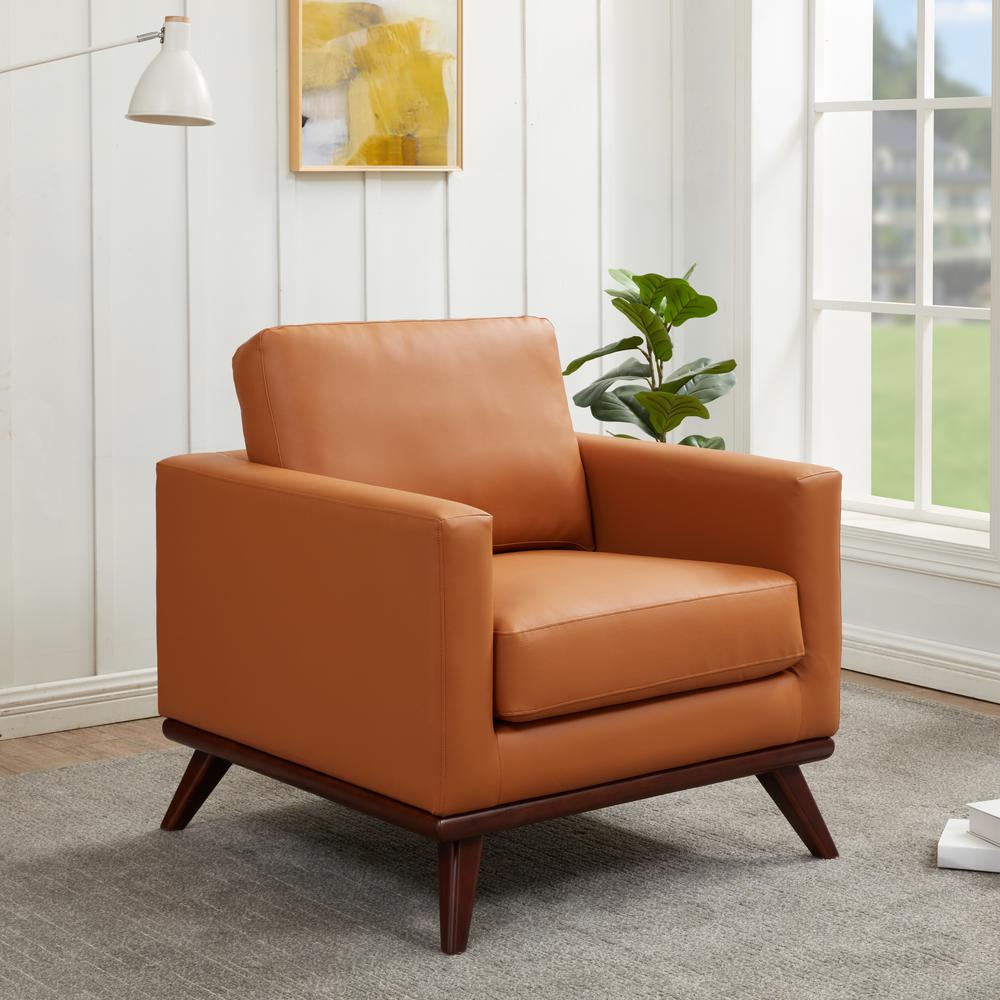 LeisureMod Chester Modern Leather Accent Arm Chair With Birch Wood Base, Cognac Tan. Picture 2