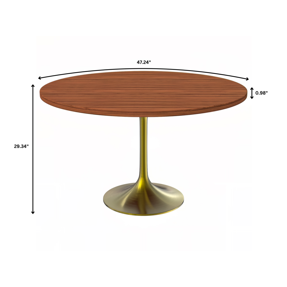 Verve 48" Round Dining Table, Brushed Gold Base with Cognac Brown MDF Top. Picture 4