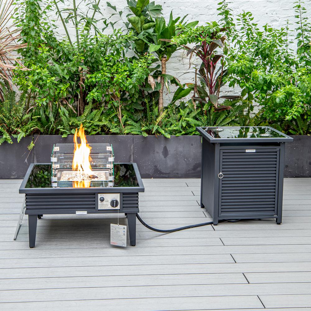 LeisureMod Walbrooke Modern Black Patio Conversation With Square Fire Pit With Slats Design & Tank Holder, Grey. Picture 9