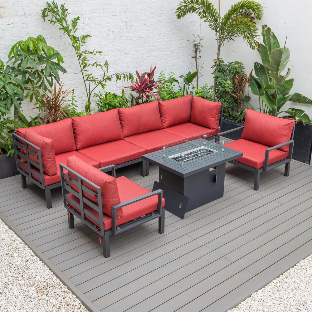 LeisureMod Hamilton 7-Piece Aluminum Patio Conversation Set With Fire Pit Table And Cushions Red. Picture 4