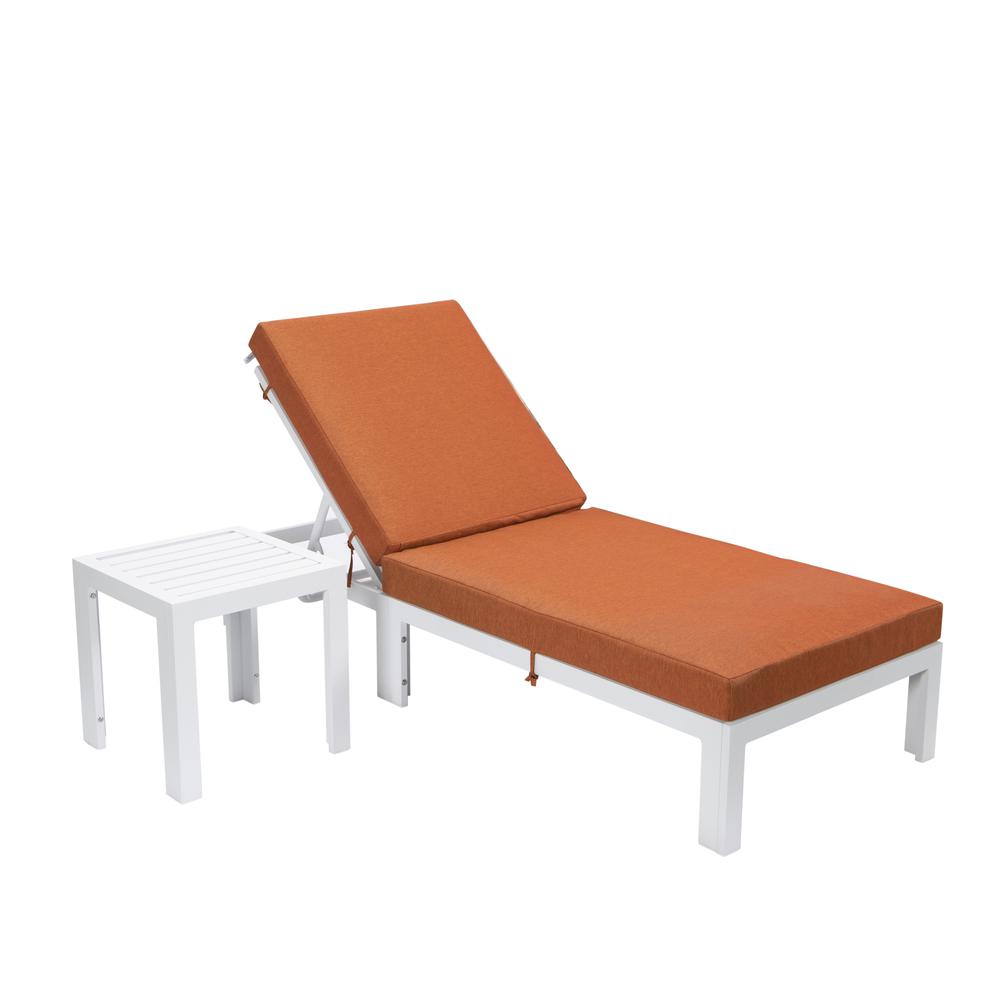 LeisureMod Chelsea Modern Outdoor White Chaise Lounge Chair With Side Table & Cushions Orange. Picture 2