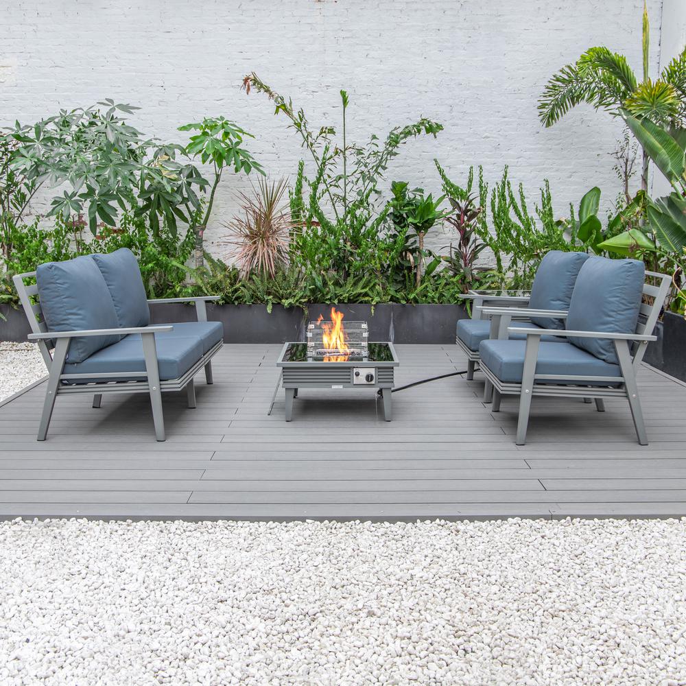 LeisureMod Walbrooke Modern Grey Patio Conversation With Square Fire Pit With Slats Design & Tank Holder, Navy Blue. Picture 8