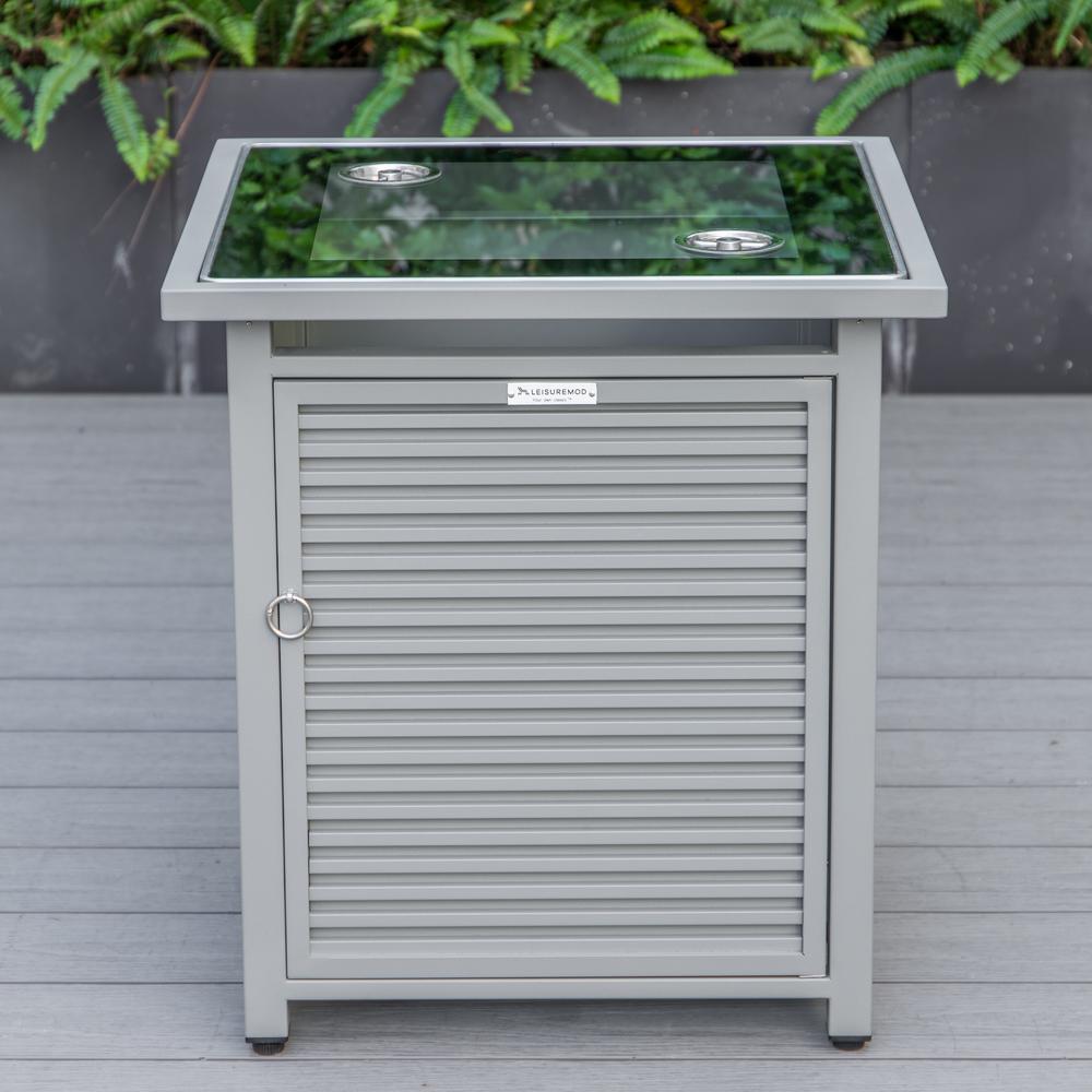 LeisureMod Walbrooke Modern Grey Patio Conversation With Square Fire Pit With Slats Design & Tank Holder, Light Grey. Picture 2
