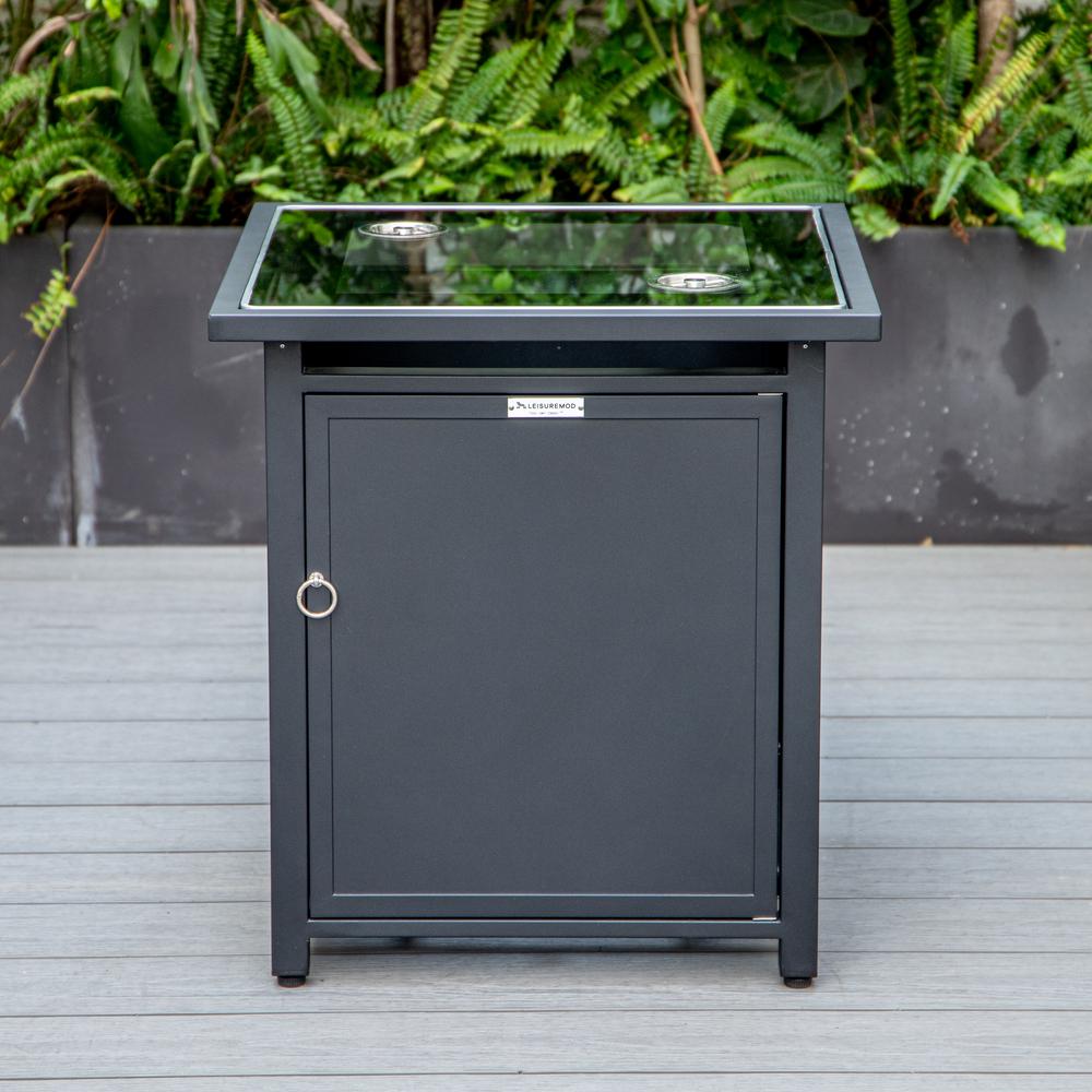 LeisureMod Walbrooke Modern Black Patio Conversation With Square Fire Pit & Tank Holder, Light Grey. Picture 7