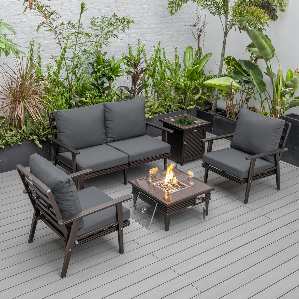 LeisureMod Walbrooke Modern Brown Patio Conversation With Square Fire Pit With Slats Design & Tank Holder, Charcoal. The main picture.