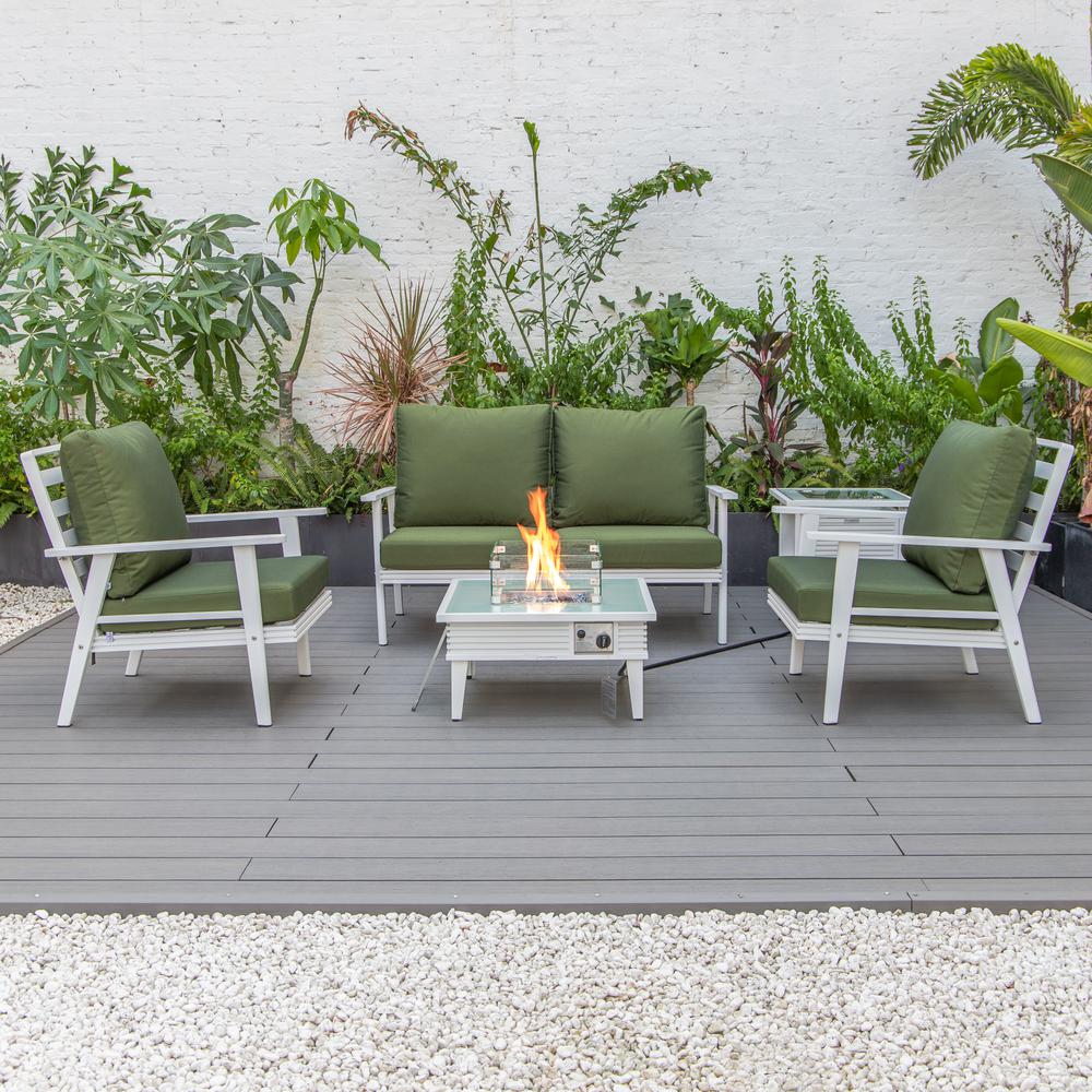 LeisureMod Walbrooke Modern White Patio Conversation With Square Fire Pit With Slats Design & Tank Holder, Green. Picture 6
