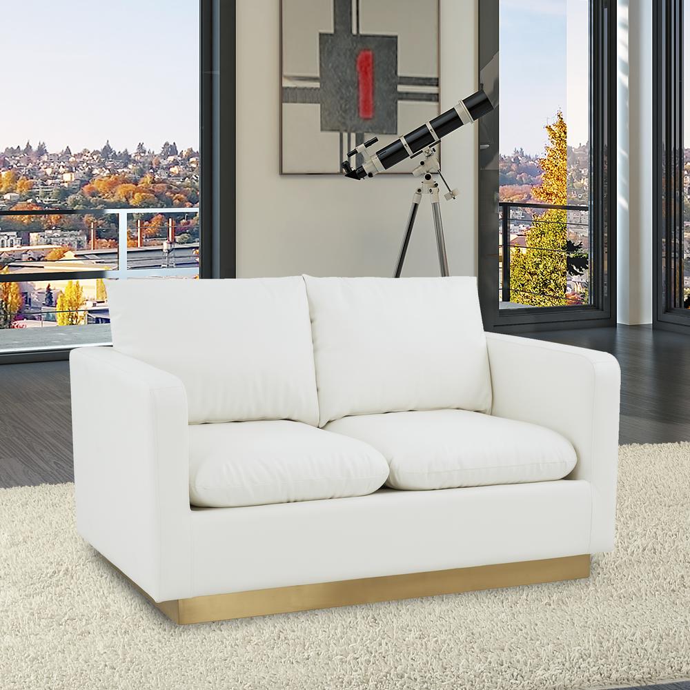 LeisureMod Nervo Modern Mid-Century Upholstered Leather Loveseat with Gold Frame, White. Picture 7