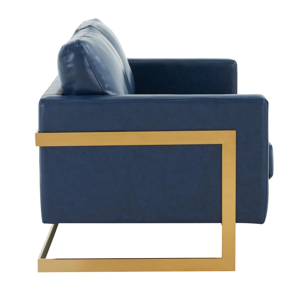 LeisureMod Lincoln Modern Mid-Century Upholstered Leather Loveseat with Gold Frame, Navy Blue. Picture 6