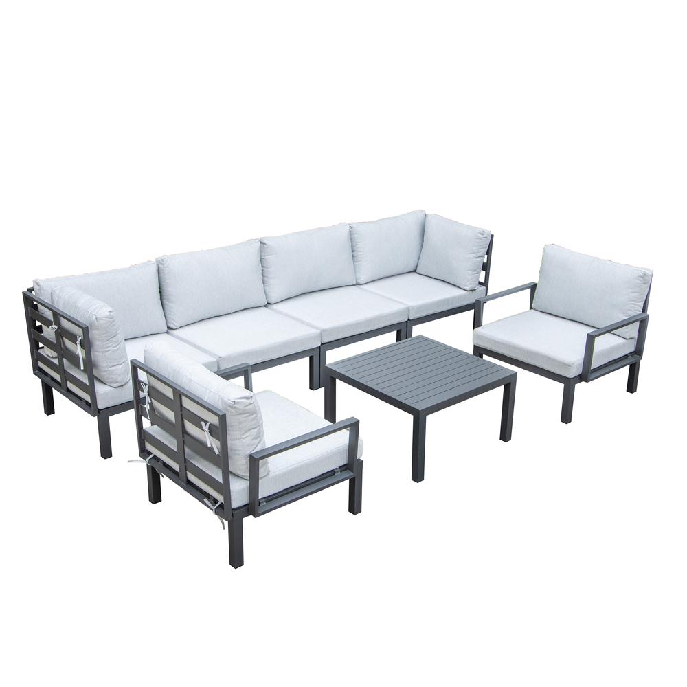 LeisureMod Hamilton 7-Piece Aluminum Patio Conversation Set With Coffee Table And Cushions Light Grey. Picture 3