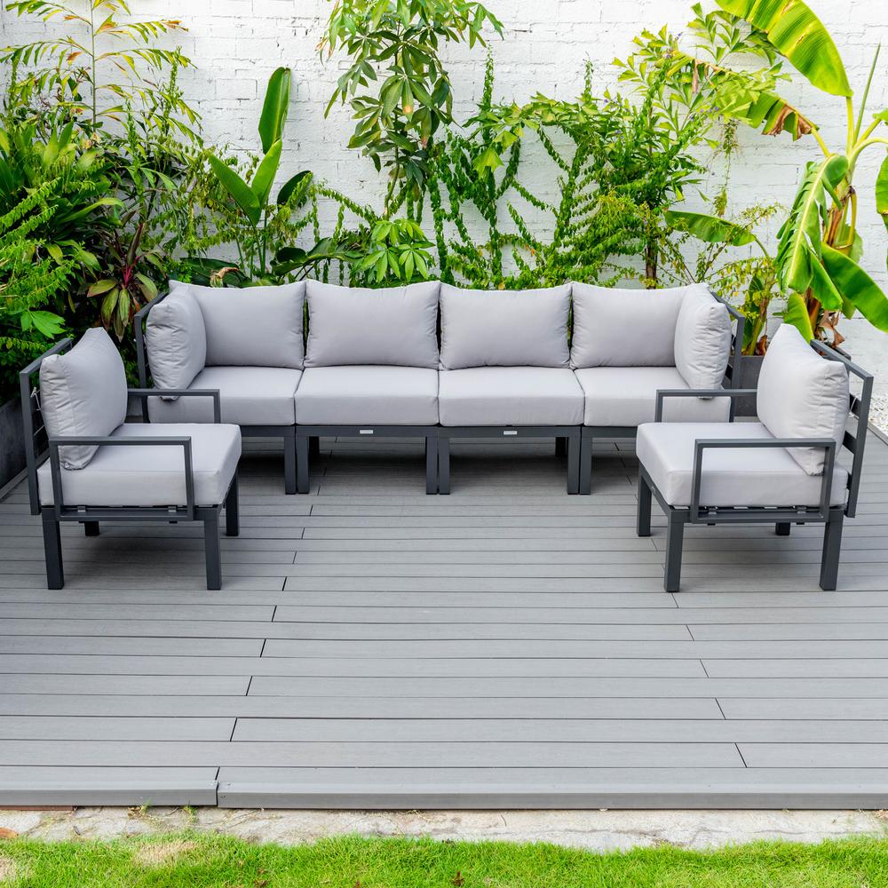 LeisureMod Chelsea 6-Piece Patio Sectional Black Aluminum With Cushions in Light Grey. Picture 6