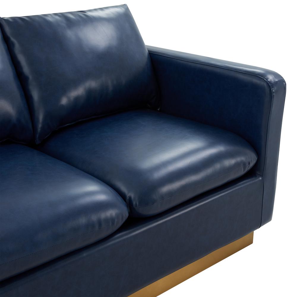 LeisureMod Nervo Modern Mid-Century Upholstered Leather Loveseat with Gold Frame, Navy Blue. Picture 6