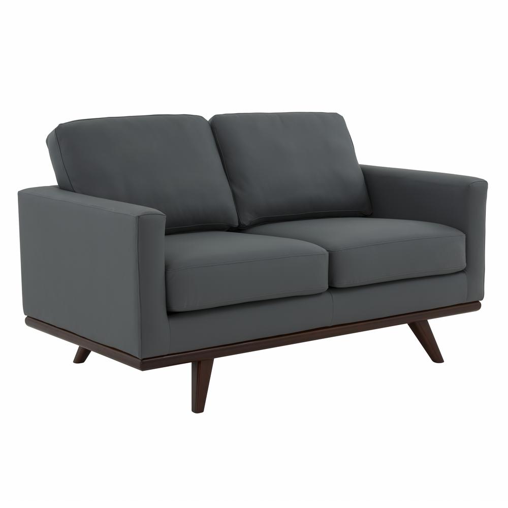 LeisureMod Chester Modern Leather Loveseat With Birch Wood Base, Grey. Picture 1