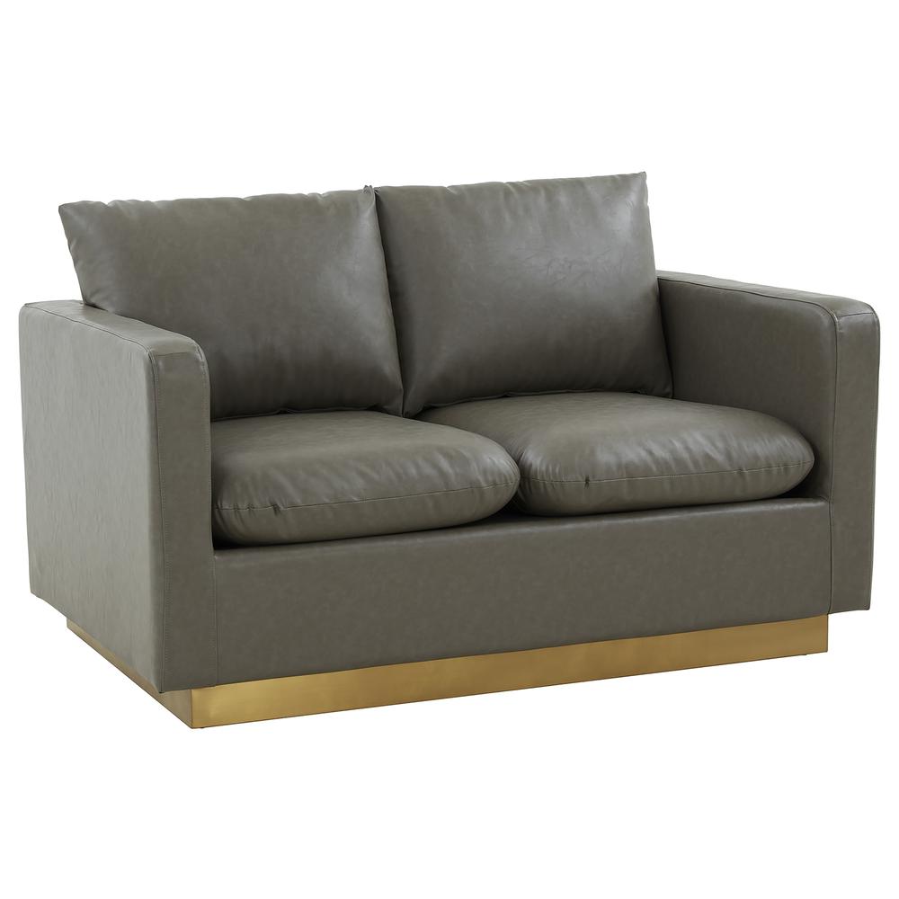 LeisureMod Nervo Modern Mid-Century Upholstered Leather Loveseat with Gold Frame, Grey. Picture 1