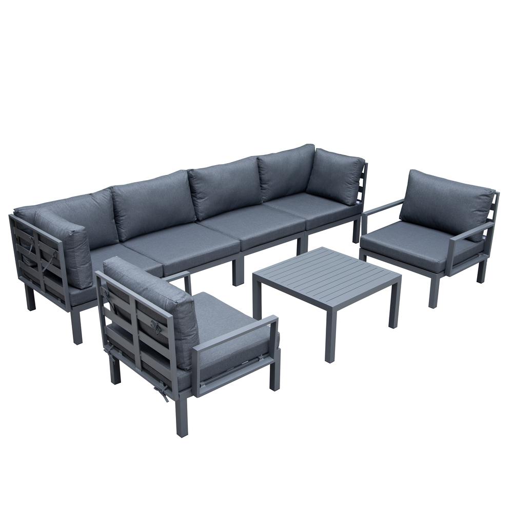LeisureMod Hamilton 7-Piece Aluminum Patio Conversation Set With Coffee Table And Cushions Black. The main picture.