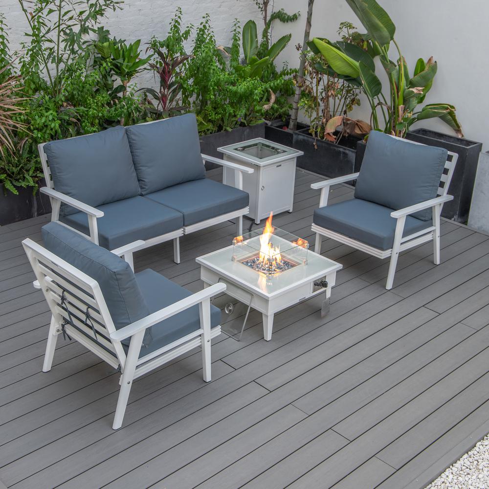 LeisureMod Walbrooke Modern White Patio Conversation With Square Fire Pit & Tank Holder, Navy Blue. Picture 1