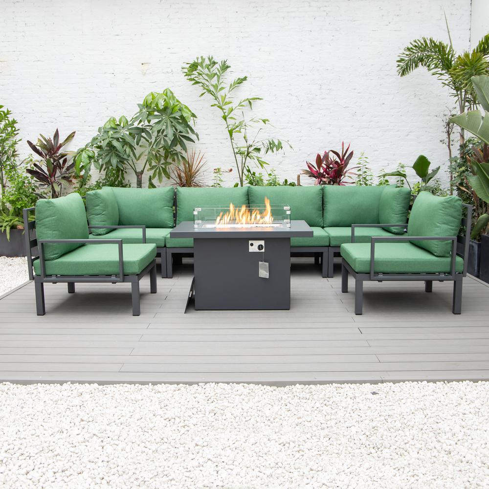 LeisureMod Hamilton 7-Piece Aluminum Patio Conversation Set With Fire Pit Table And Cushions Green. Picture 3