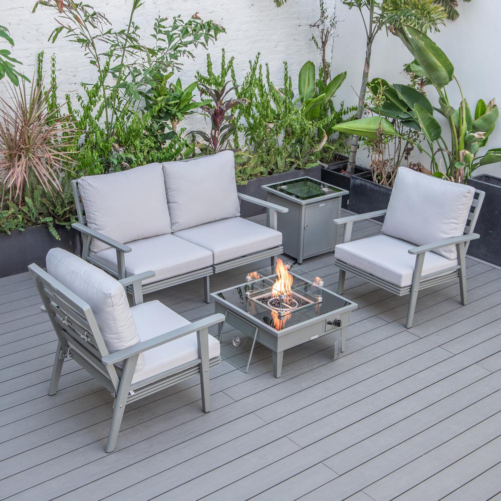 LeisureMod Walbrooke Modern Grey Patio Conversation With Square Fire Pit & Tank Holder, Light Grey. Picture 1
