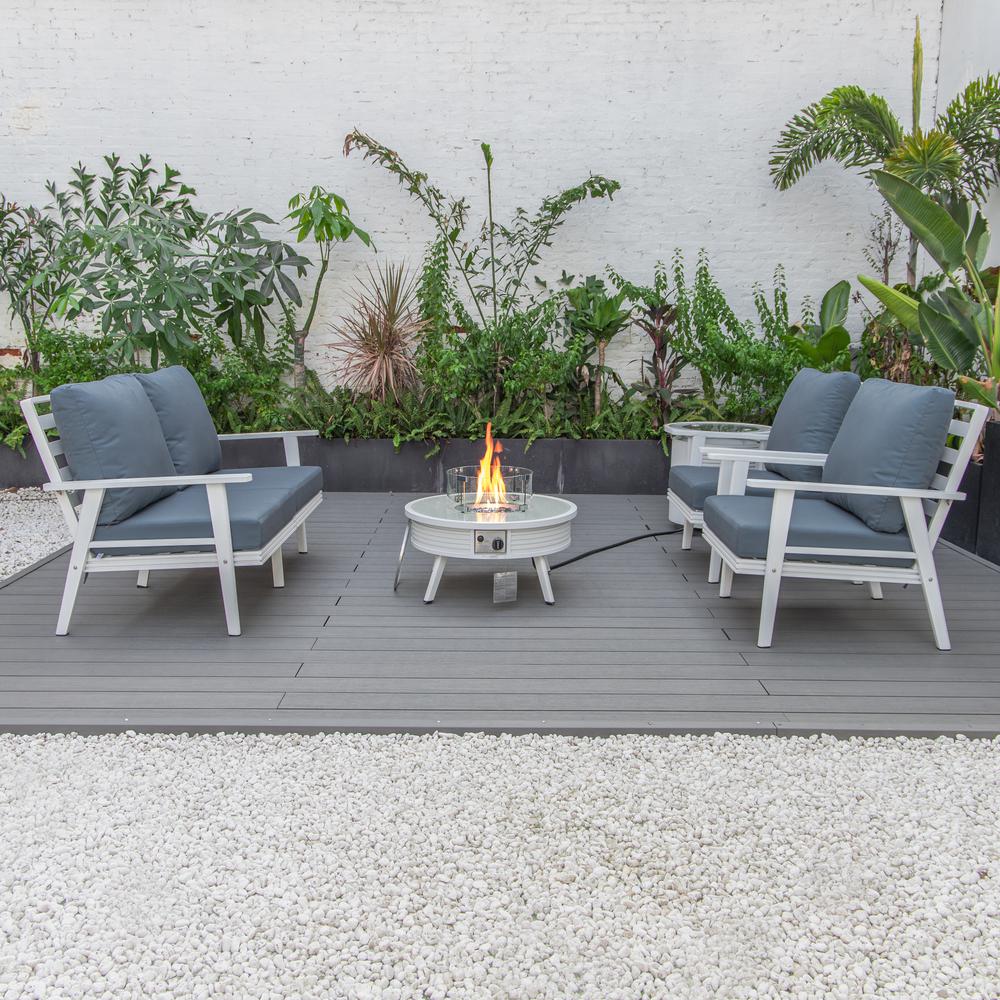LeisureMod Walbrooke Modern White Patio Conversation With Round Fire Pit With Slats Design & Tank Holder, Navy Blue. Picture 8