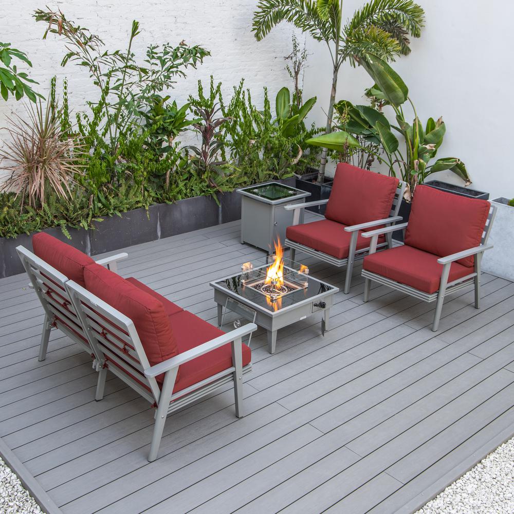 LeisureMod Walbrooke Modern Grey Patio Conversation With Square Fire Pit & Tank Holder, Red. Picture 6