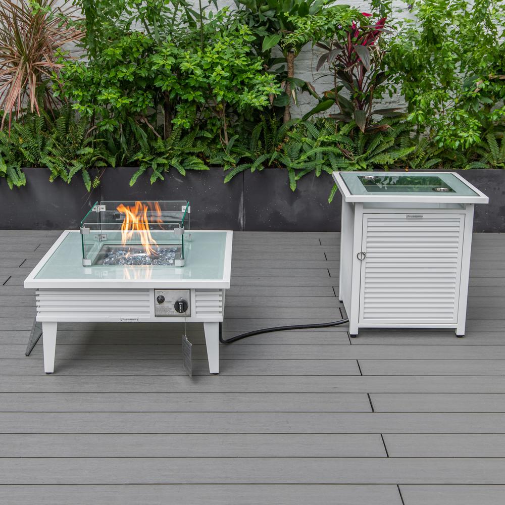 LeisureMod Walbrooke Modern White Patio Conversation With Square Fire Pit With Slats Design & Tank Holder, Light Grey. Picture 7