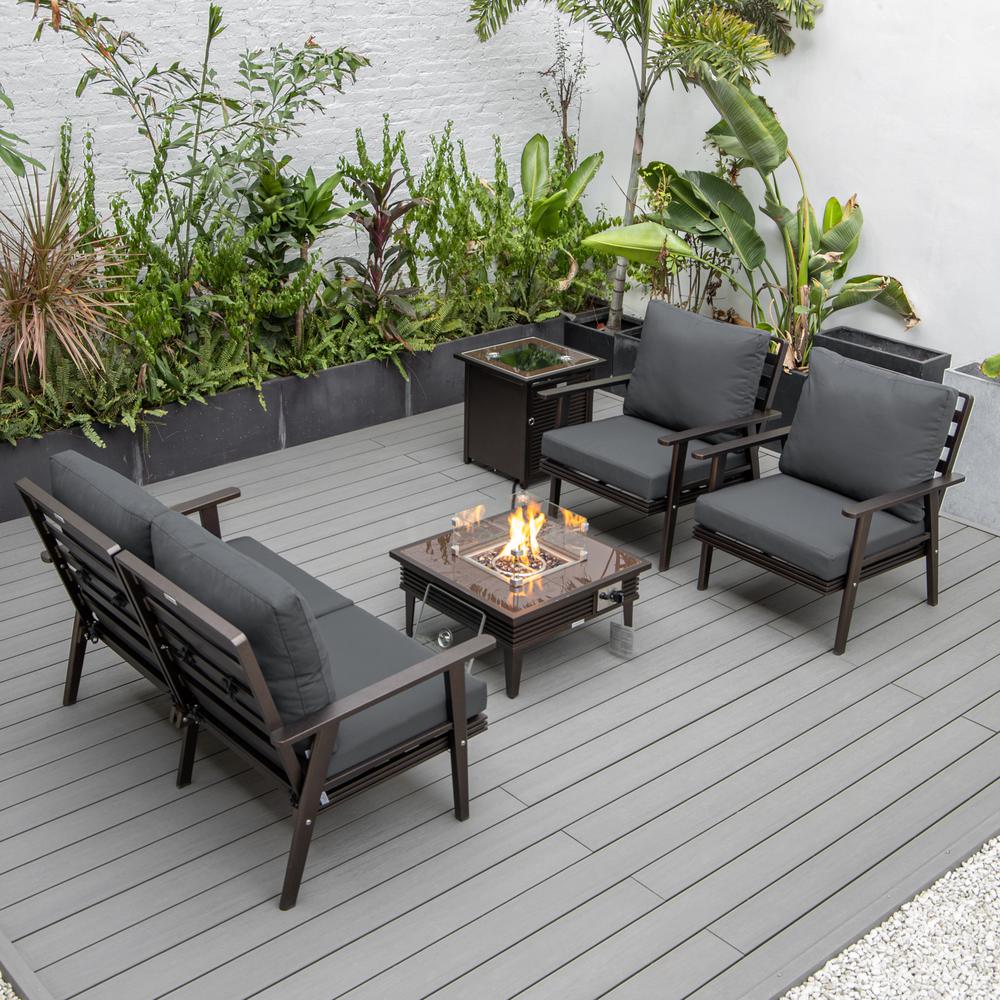 LeisureMod Walbrooke Modern Brown Patio Conversation With Square Fire Pit With Slats Design & Tank Holder, Charcoal. Picture 4