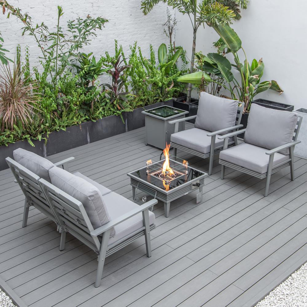 LeisureMod Walbrooke Modern Grey Patio Conversation With Square Fire Pit With Slats Design & Tank Holder, Grey. Picture 6