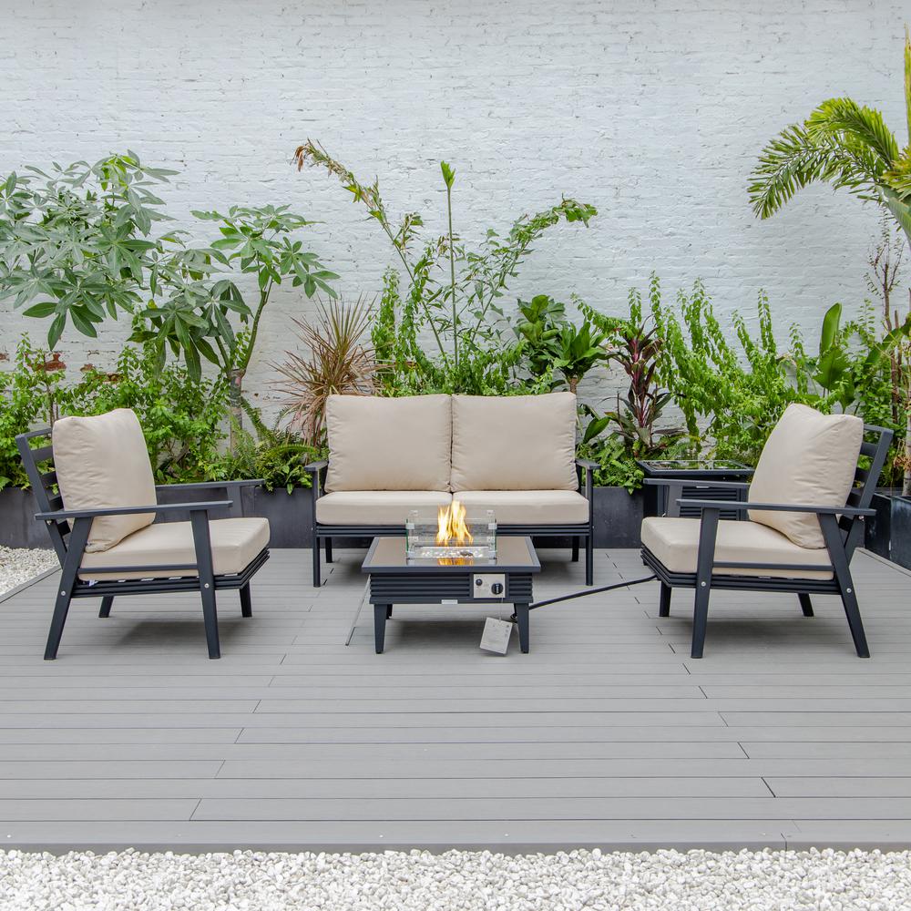 LeisureMod Walbrooke Modern Black Patio Conversation With Square Fire Pit With Slats Design & Tank Holder, Beige. Picture 2
