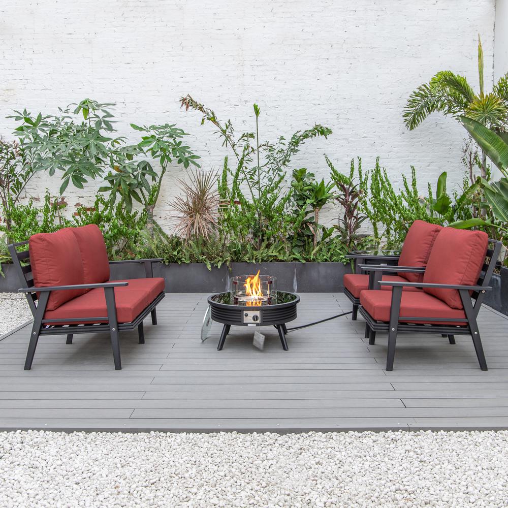 LeisureMod Walbrooke Modern Black Patio Conversation With Round Fire Pit With Slats Design & Tank Holder, Red. Picture 7