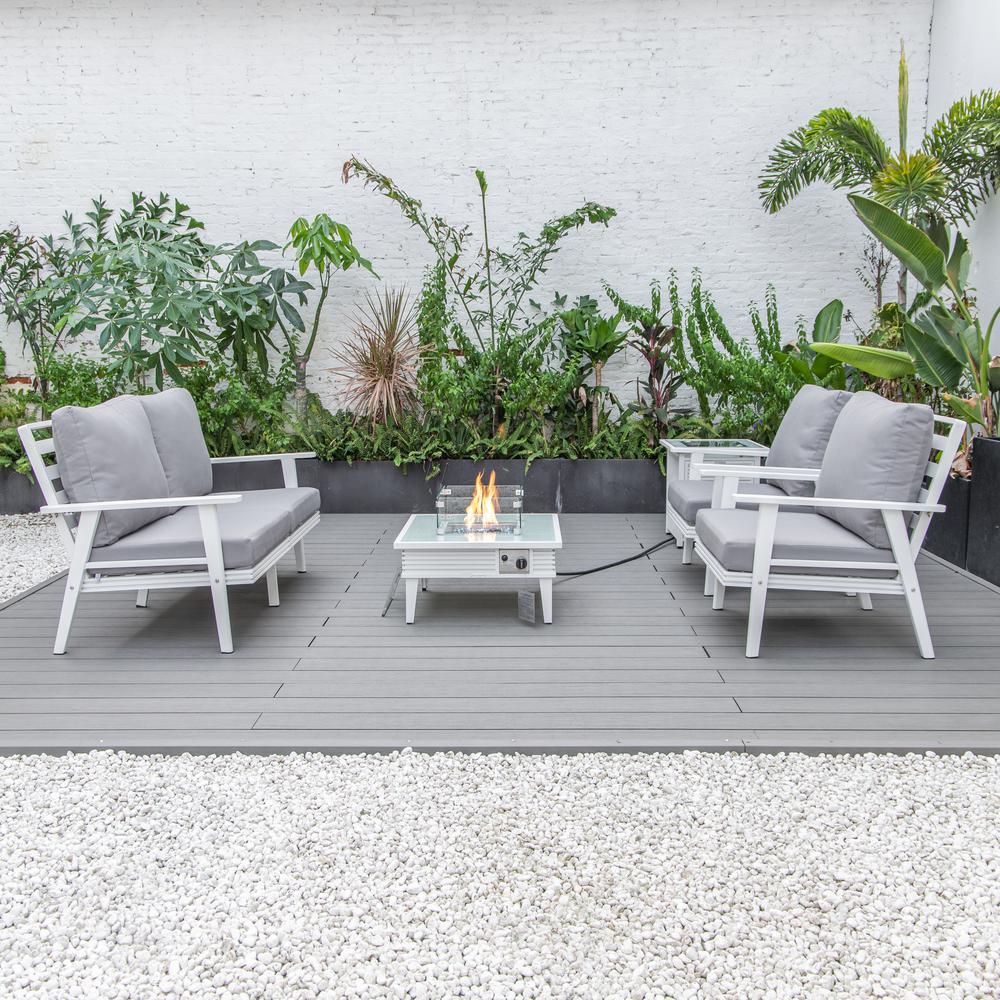 LeisureMod Walbrooke Modern White Patio Conversation With Square Fire Pit With Slats Design & Tank Holder, Grey. Picture 9