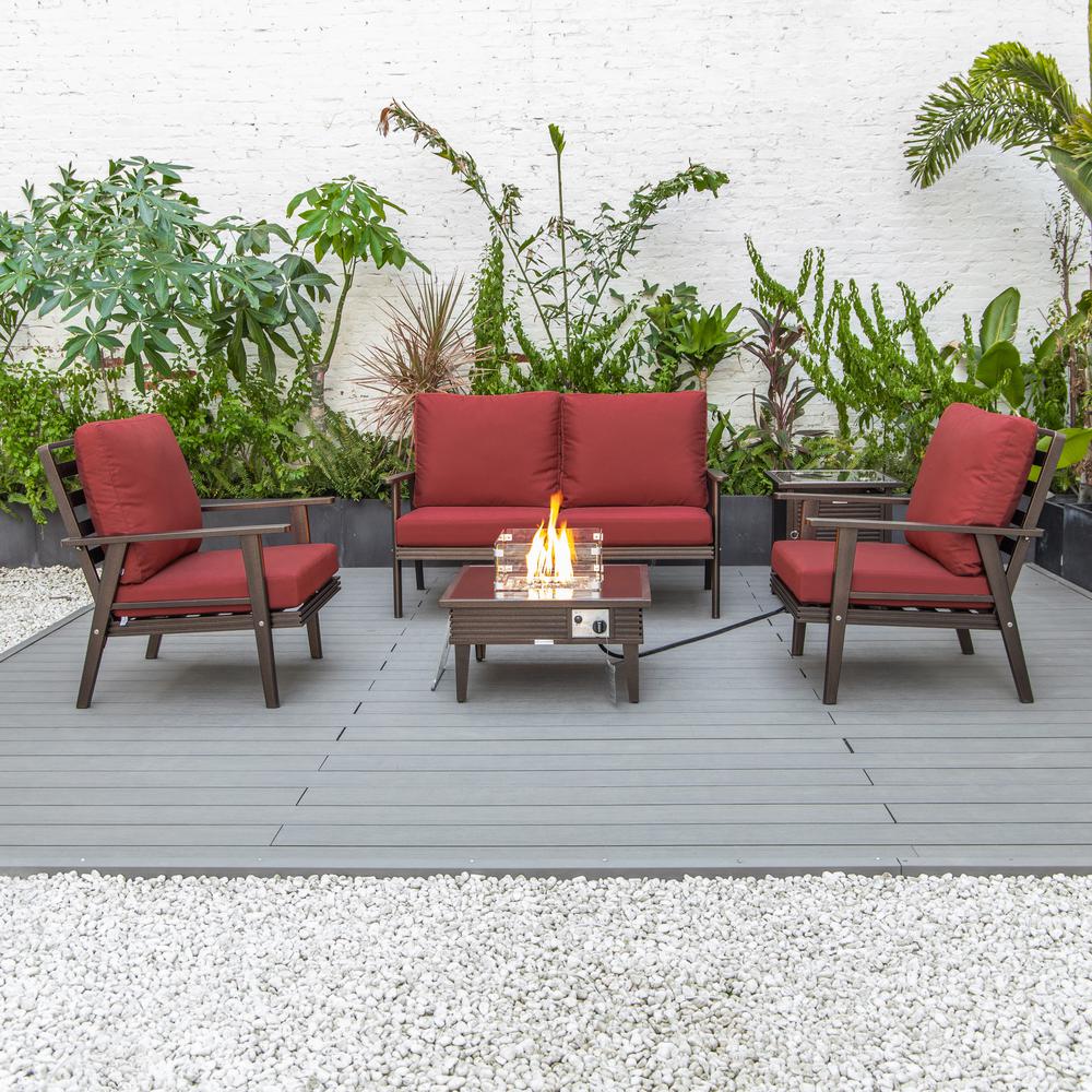 LeisureMod Walbrooke Modern Brown Patio Conversation With Square Fire Pit With Slats Design & Tank Holder, Red. Picture 7