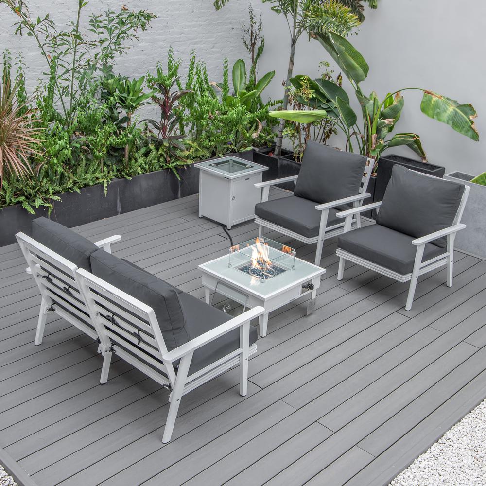 LeisureMod Walbrooke Modern White Patio Conversation With Square Fire Pit & Tank Holder, Charcoal. Picture 8