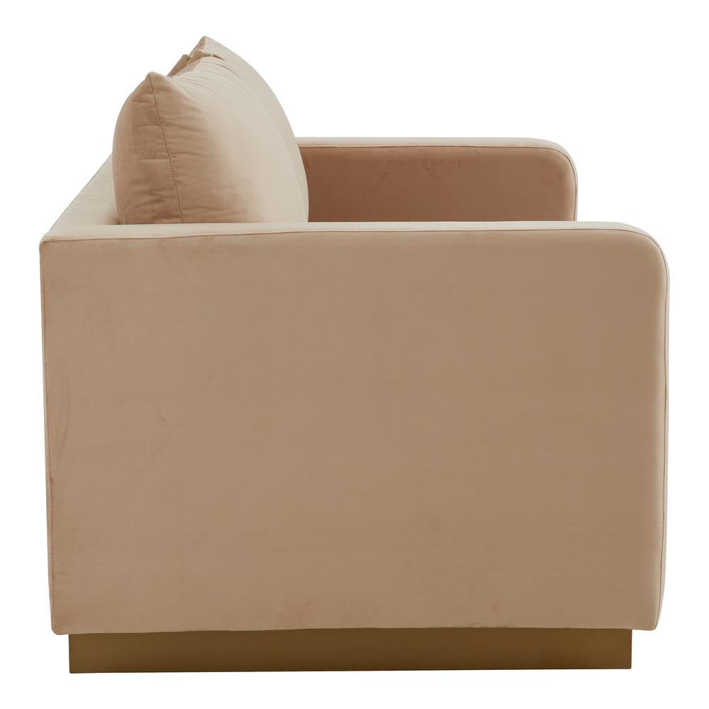 LeisureMod Nervo Modern Mid-Century Upholstered Velvet Loveseat with Gold Frame, Beige. Picture 3